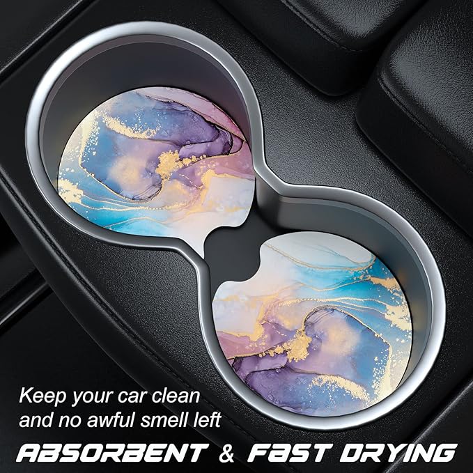 Car Cup Holder Coasters, 2 Pack Universal Auto Anti Slip Insert Coaster with A Finger Notch, Cute Car Assecories for Women Men, Cup Mat for Most Interior, Purple Ink Marble