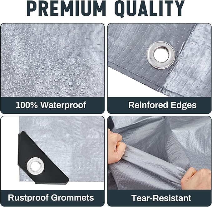 8 Pack 6 x 8 ft 5.5 Mil Large Tarps Heavy Duty Waterproof Tarp Multi Purpose Tent Cover for Home Boats Cars Camping Patio Furniture Roof Emergency Rain Protective Cover, Silver