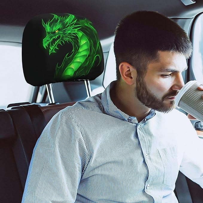 Dujiea 2 Pack Dragon Green Fire Car Headrest Covers, Universal Soft Car Seat Head Rest Protector, Vehicle Accessories Fabric Headrest Cover for Cars Vans Trucks