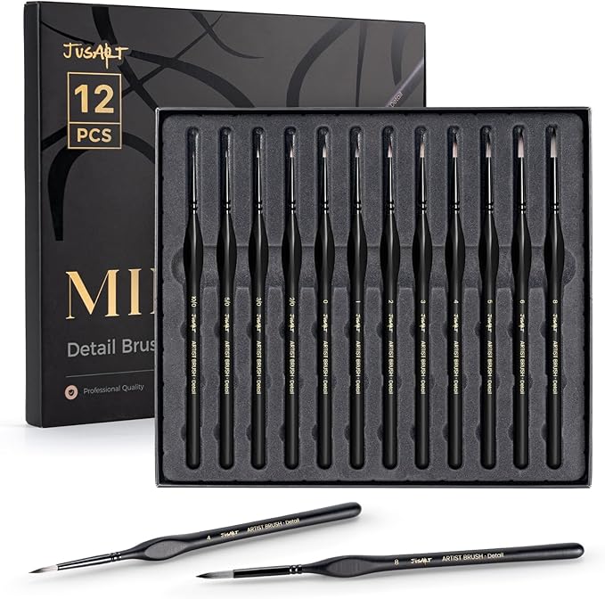 JUSART Detail Paint Brushes Set, 12 PCS Fine Tip Model Miniature Paint Brushes for Fine Detailing - Acrylic, Watercolor, Oil, Models, Rock Painting & Paint by Number - Triangular Handles (Black)