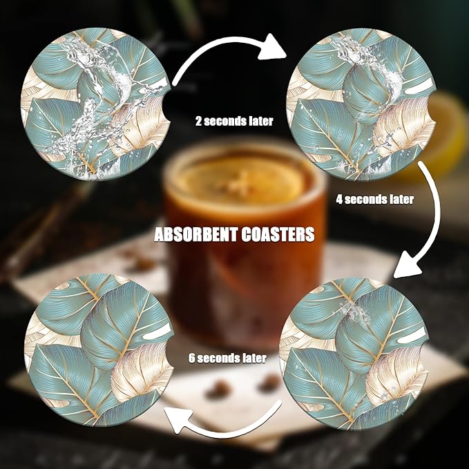 Car Cup Holder Coaster - Cyan Leaf Absorbent Ceramic Coaster 2 Pack, Car Coasters for Cup Holders, Fashion Car Interior Accessories Drink Coaster for Women & Men