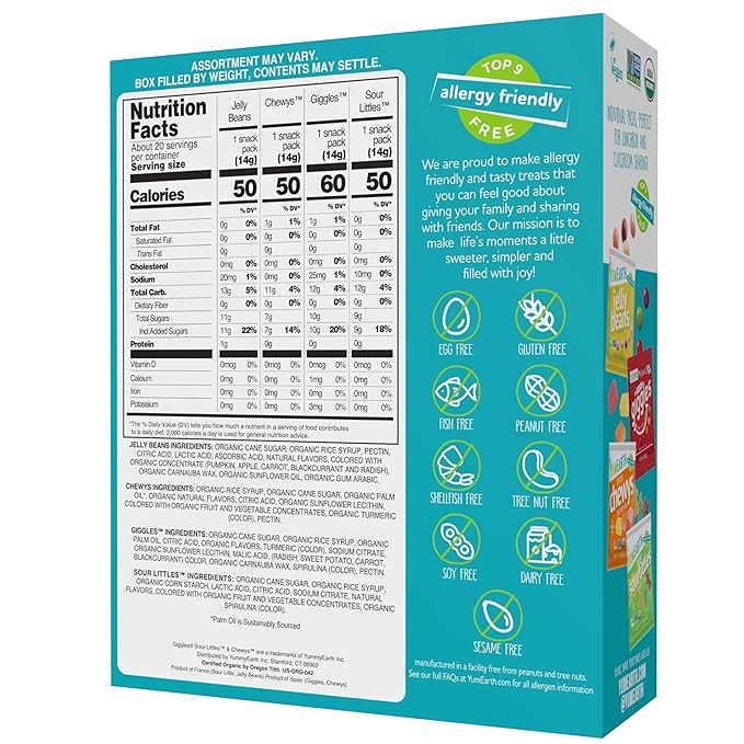 YumEarth Organic Variety Box - Jelly Beans, Giggles, Chewys, Sour Littles - Allergy Friendly (Top 9 Free), No Artificial Dyes or Flavors, Non GMO, Gluten Free, Vegan -Individually Wrapped (Pack of 20)