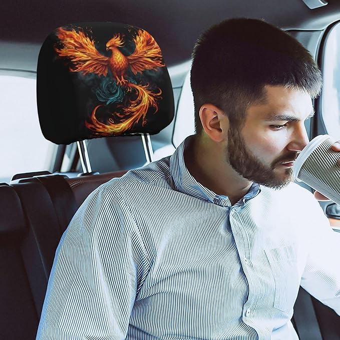 Dujiea 2 Pack Fire Animal Pheonix Print Car Headrest Covers, Universal Soft Car Seat Head Rest Cover Protector, Vehicle Accessories Fabric Headrest Cover for Cars Vans Trucks