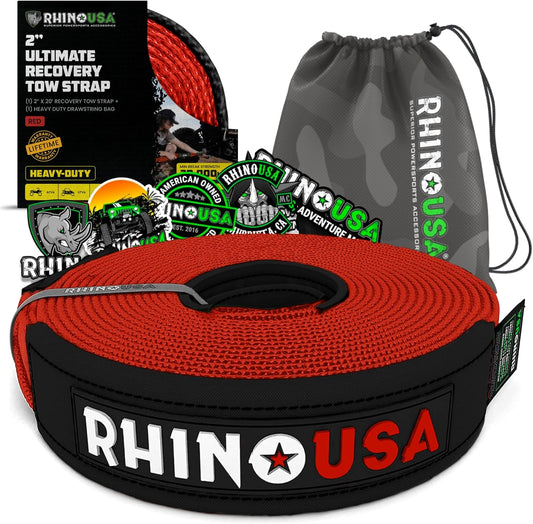 Rhino USA Recovery Tow Strap (2"x20')- 20,024lb Break Strength- Emergency Recovery Strap Tow Rope for UTV, ATV & More- Heavy Duty Towing Strap for Offroad 4x4 Use- Compatible with RZR and Can-Am (Red)