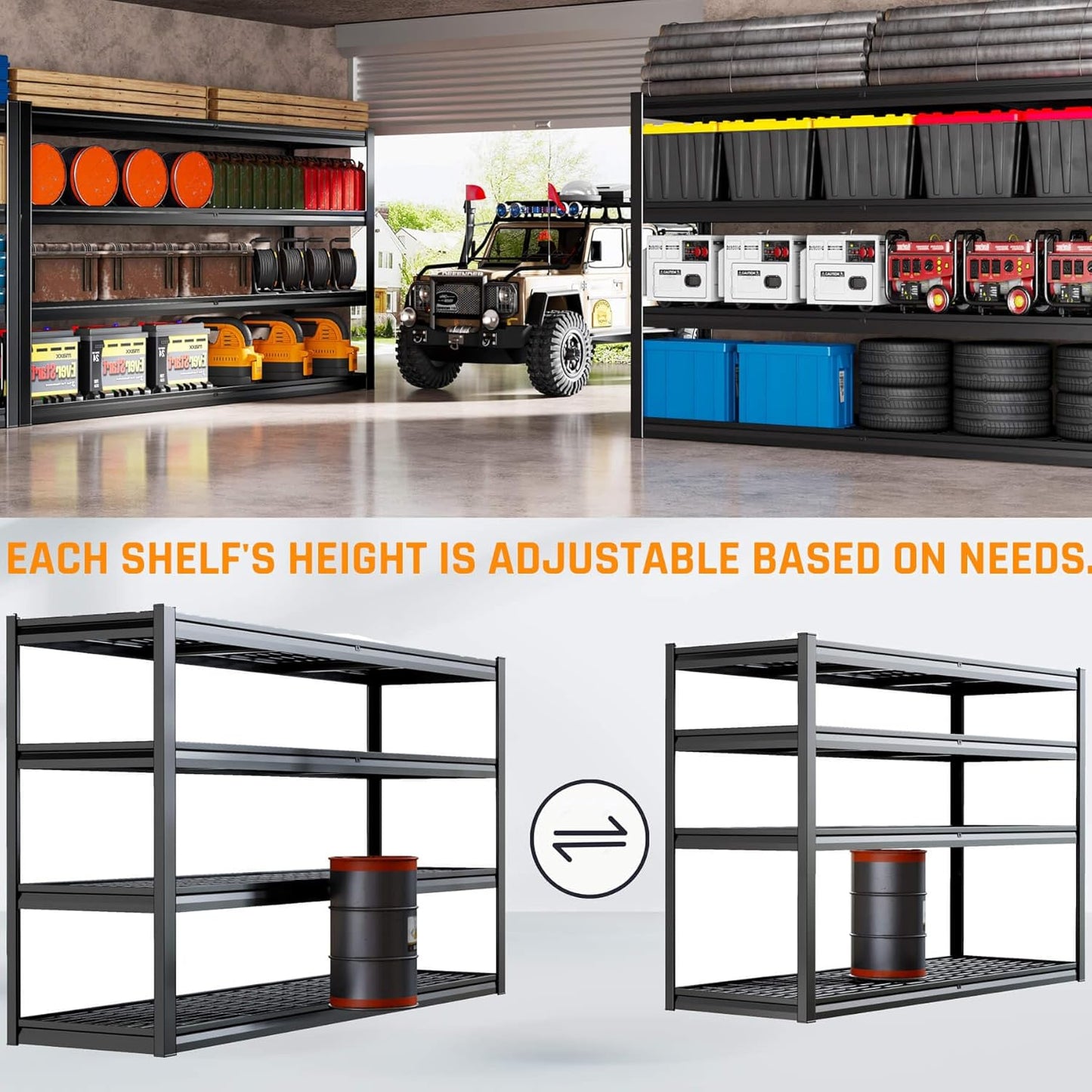 77" W Storage Shelves Heavy Duty Garage Shelving 4 Tier Metal Shelving Unit, Adjustable Shelves, 5000LBS Steel Industrial Shelving for Basement Warehouse Commercial, 77" W*24" D*72”H, Black