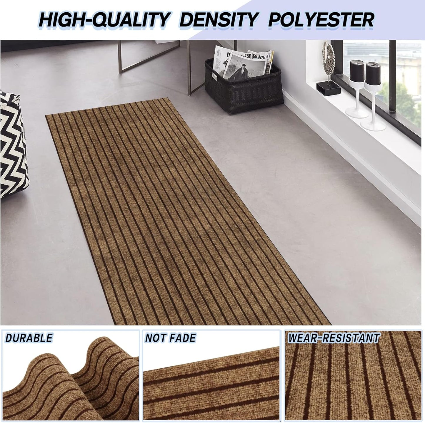 Custom Size Backed Non-Slip Area Rugs Runner, Easy Clean, Waterproof Runner Rugs for Hallway Entryway, Kitchen, Laundry, 2FT x 55FT, Brown Stripe