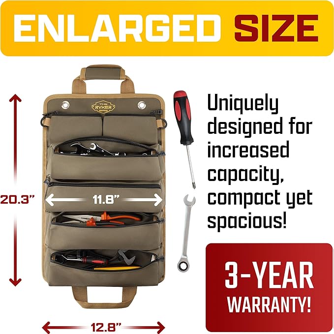 The Ryker Roll Up Tool Bag Organizer Gifts for Dad. Heavy Duty Motorcycle Tool Roll Bag Organizer. Portable Rollup Toolbag w/Detachable Pouches - Tools Bags Mens gifts for him/Mechanic (Khaki+Black)