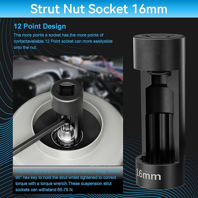 Suspension Strut Socket Tool,Strut Nut Socket 16mm 18mm 19mm 21mm 22mm 24mm with 12 Point 1/2" Drive, Suspension Strut Nut Socket Tool Easy Remove Strut Nuts,12Pt Vm Number 3353 Accessory (16MM)