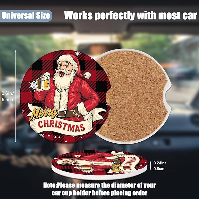 Car Cup Holder Coaster - Christmas Santa Absorbent Ceramic Coaster, Car Coasters for Cup Holders, Auto Accessories for Women & Men, Pack of 2