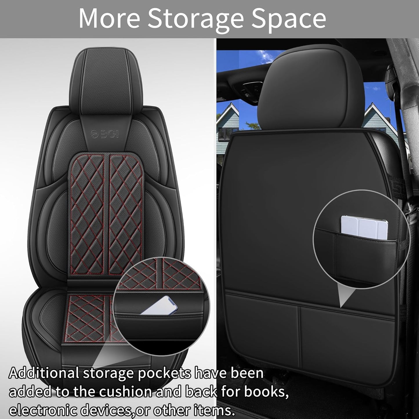 Car Seat Cover Custom Fit for Dodge Ram 1500 2500 3500 2002-2024 Faux Leather Seat Cover Set Compatible with Crew Quad Regular Cab Pickup Truck Cushions (Black Redline, Front Seat)