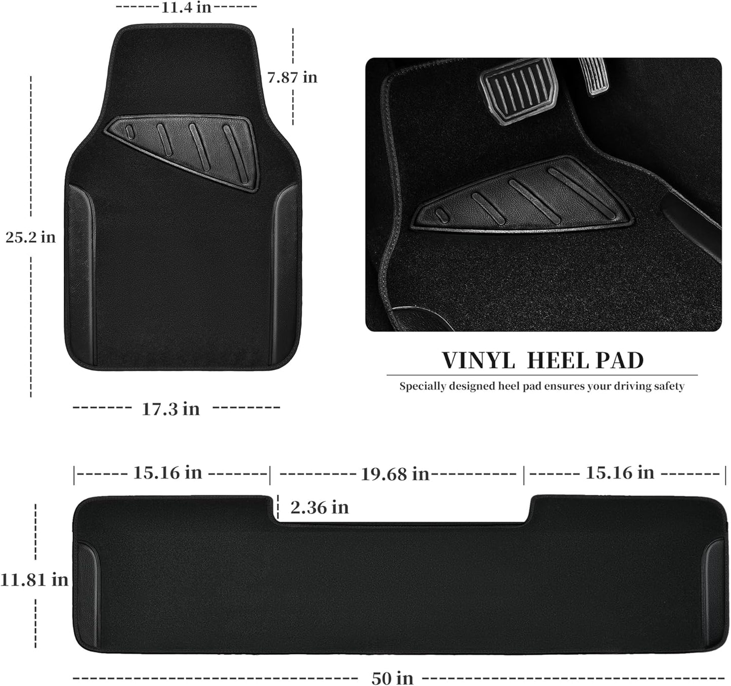 CAR PASS Waterproof Universal Faux Leather 3Pcs Car Floor Mats, Black Car Mats Fit for SUV,Vans,sedans, Trucks,Set of Vehicles Car Carpet with Driver Heel Pad and Anti-Slip Nibs Backing (Black 3Pcs)