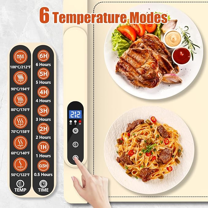 Food Warming Mat,Fast Heating Silicone Electric Warming Tray with 6 Temperature Levels & 7 Timer Settings,Food Warmers for Parties Buffet,Portable Warming Mat for Food，24 x 15 Inches Premium Silicone