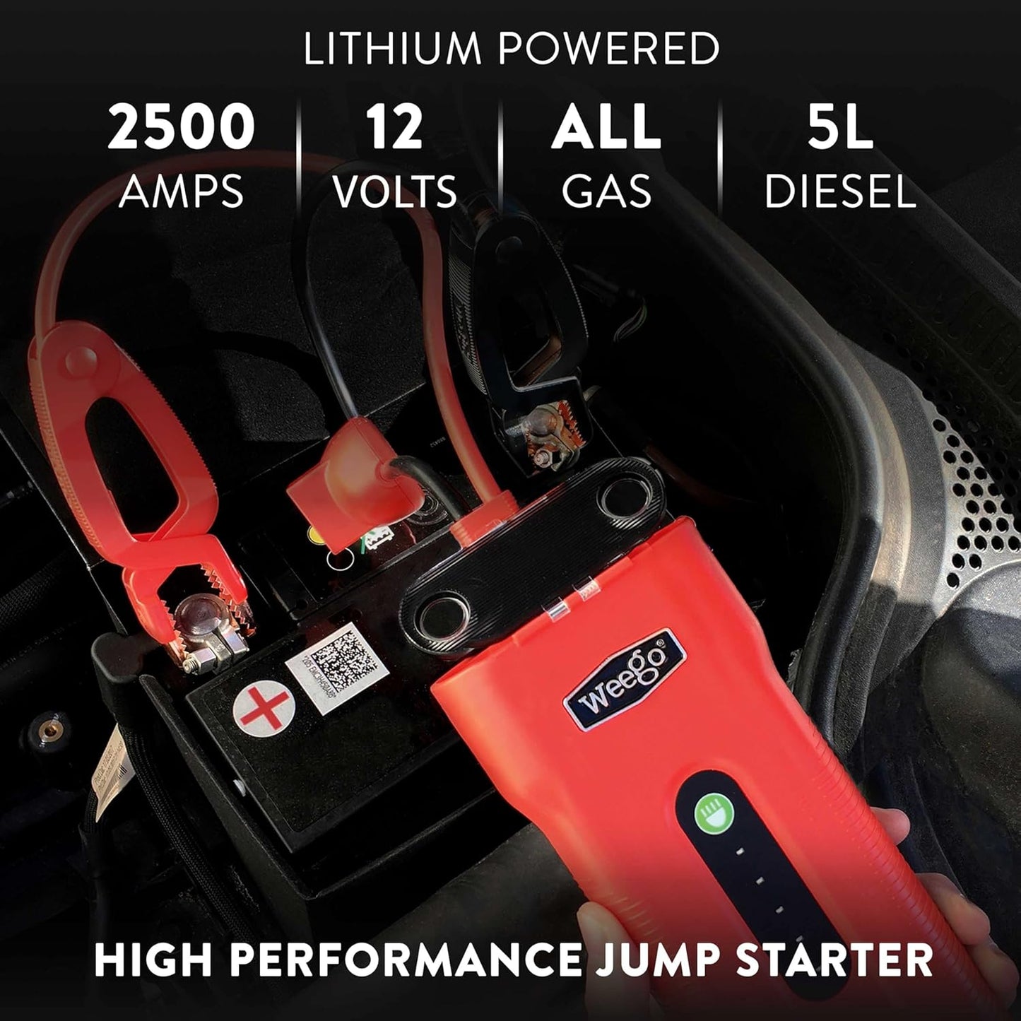 Weego N70 12V Portable Jump Starter, 2500 Peak Amp / 700 Cranking Amp, Patented Jumper Cables with Battery Pack, All Gas & 5L Diesel Engines (N70)