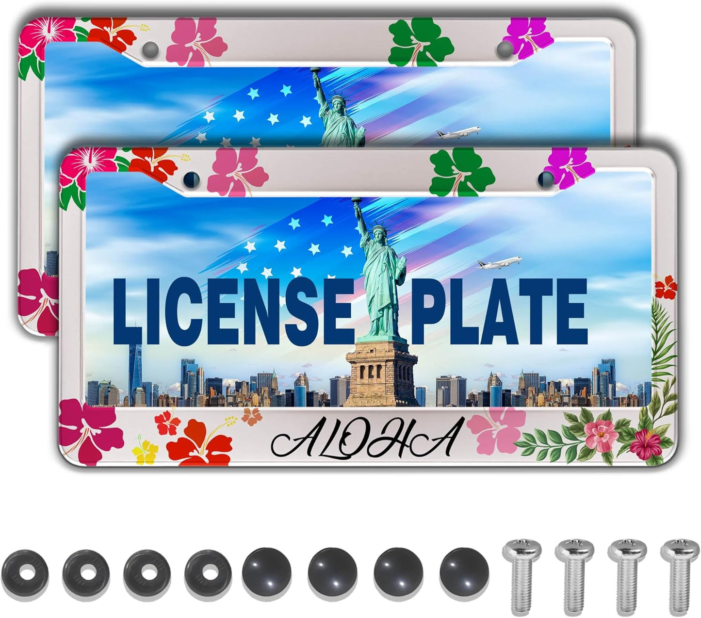 License Plate Frames License Plate Bracket for Women Aloha Hawaii Hibiscus Floral Flowers Colorful Universal Aluminum Car Accessory 2 Pack with Screw Covers Set