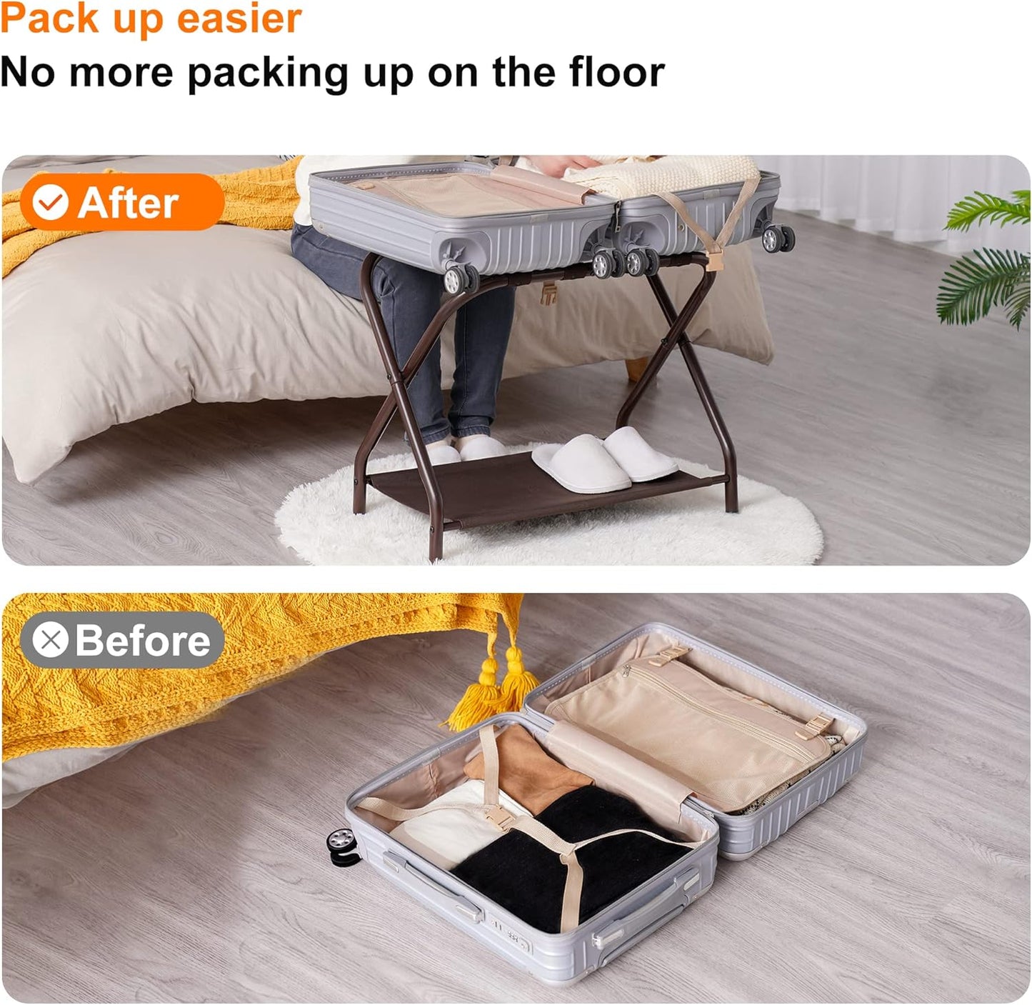 Heybly Luggage Rack, Steel Folding Suitcase Stand with Storage Shelf for Bedroom, Hotel, Foldable Steel Frame, Guest Room Bedroom Hotel, 22.8" L x 11.8" W x 20.9" H, Brown HLR004Z1