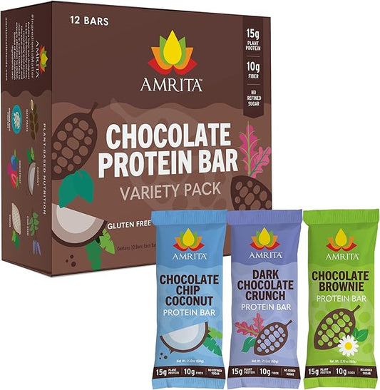 Amrita Nut Free Vegan Protein Bars (12 CT) | Chocolate Variety Pack 15g Plant-Based Protein Bar | Peanut-Free, Gluten Free, and Dairy-Free | No Added Sugar, High Fiber, Healthy Snacks for Kids/Adults