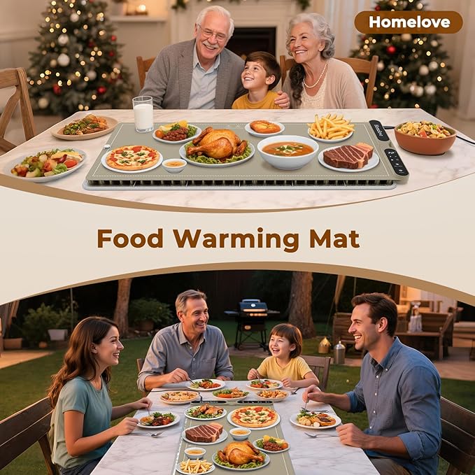 Homelove Food Warming Mat for Parties Buffet - Full Surface Fast Heating Electric Warming Tray with 7 Temp-Settings & 8H Timer, Portable Roll Up Food Warmer with Heat Insulation Pad XXL-Khaki