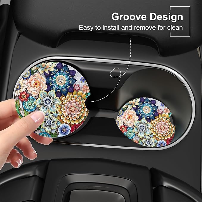 Car Cup Holder Coaster, Car Coasters for Cup Holders, 2 Pack Universal Anti Slip Insert Absorbent Ceramic Auto Interior Accessories with A Finger Notch & Cork Base, Mandala Flowers