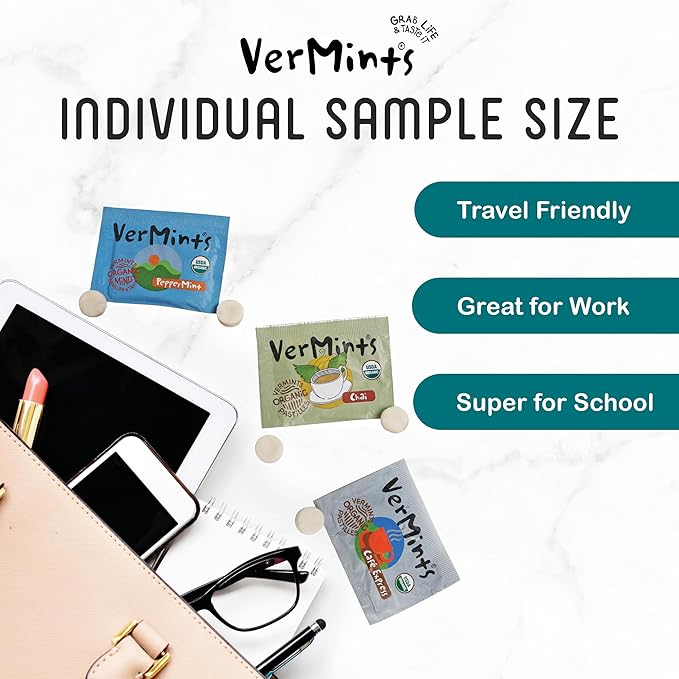 VerMints Organic Breath Mints – Travel Size Peppermints, Ginger Mints, Wintergreen, Cinnamon, Chai & Cafe Express Flavored Candy - Non-GMO, Gluten-Free, Vegan & Kosher Healthy Refresh - 120 Count
