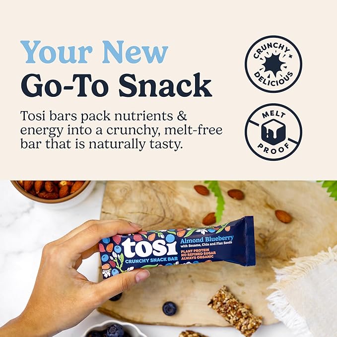 Tosi Almond Blueberry Protein Bars, Plant Based with Nuts, Gluten-Free Crunchy Snacks, Vegan, Organic, Flax & Chia Seeds, Soy-Free, Omega 3s, 5G Protein, 1 oz, 12-Pack