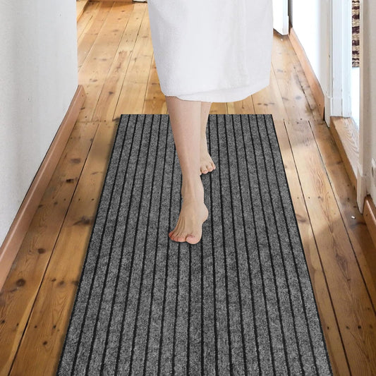 Custom Size Backed Non-Slip Area Rugs Runner, Easy Clean, Waterproof Runner Rugs for Hallway Entryway, Kitchen, Laundry, 3FT x 75FT, Gray Stripe
