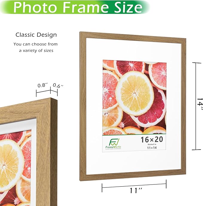 FrameWorks 2-Pack, 16x20 Matted to 11x14 Picture Frame, Golden Oak ??Classic Wooden Photo Frame with Tempered Glass, Modern Matte Finish for Prints, Posters, Certificates & Wall Decor ??Gallery-Ready