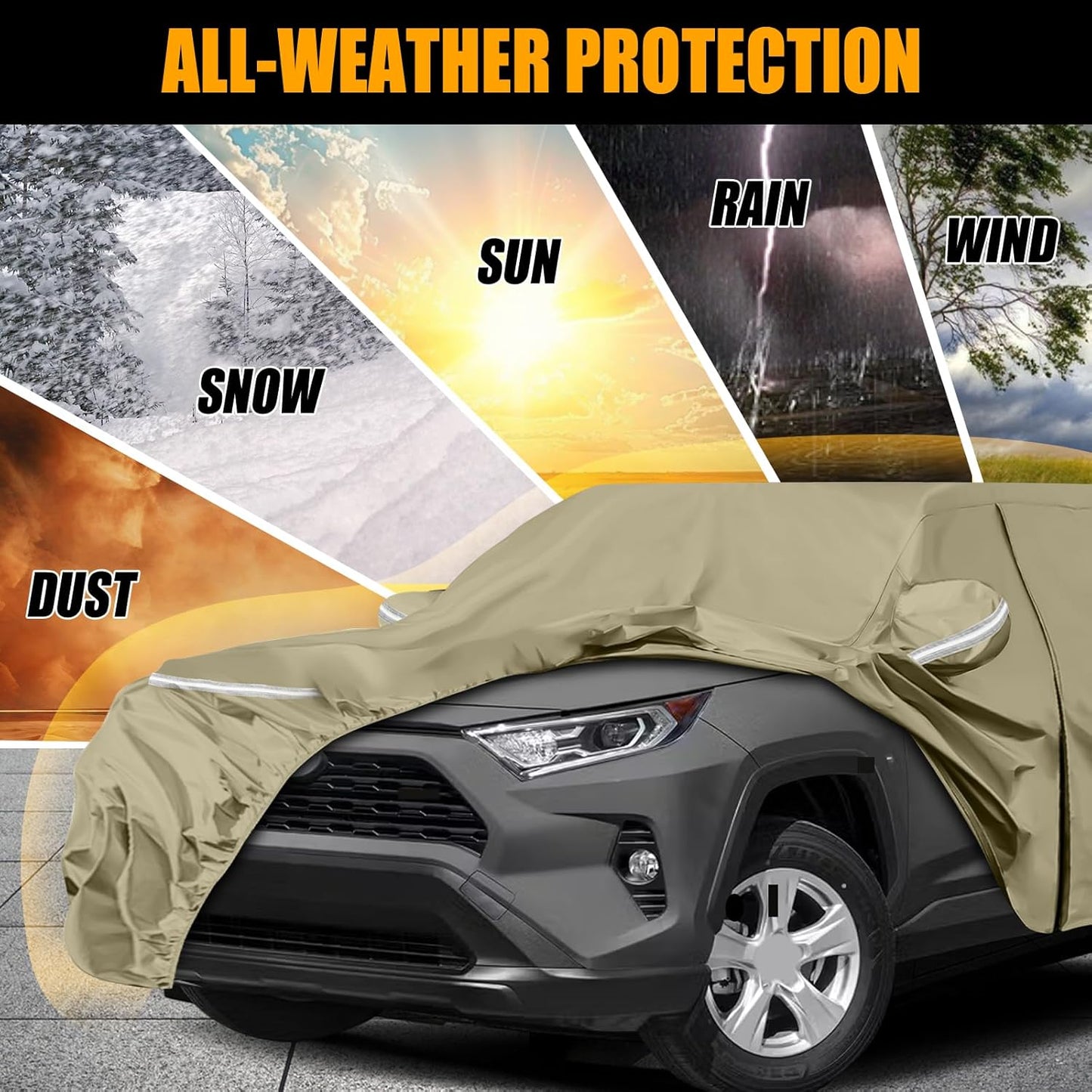Waterproof Car Covers Replace for 2013-2025 Toyota RAV4, Multilayer Heavy Duty with Cotton Liner All Weather Car Cover with Zipper Door, Windproof Bands for Snow Rain Dust Protection