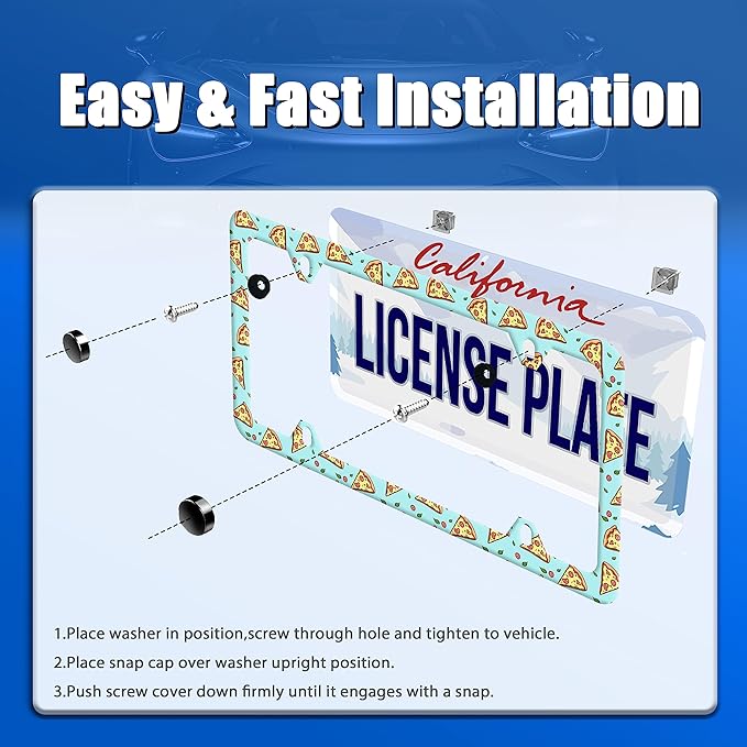 Pizza Slices License Plate Frame Lovely License Plate Stainless Steel Auto Parts Funny License Plate Decorative with Screws Size 12.3" x 6.3" for Women Men