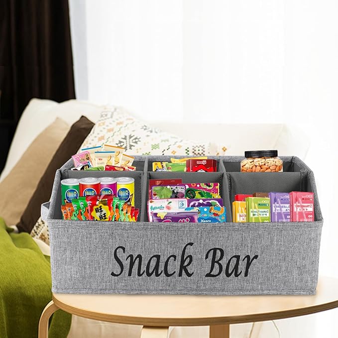 Snack Organizer for Countertop, Trapezoid Fabric Snack Bin Holder with Side Handles, 6 Compartment Snack Basket Container, Lightweight Snack Bar Station Organizer, Kitchen Pantry Storage-Gray