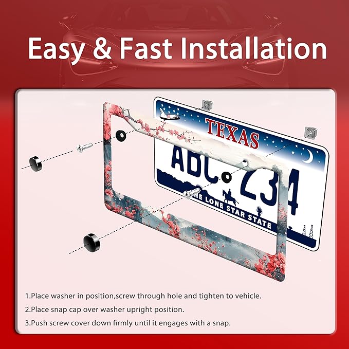 Watercolor Cherry Blossom License Plate Frame Pink Flowers License Plate Frames Funny Auto Accessory Bracket Stainless Steel Floral License Plate for Men Women 6.3 x 12.3 Inch