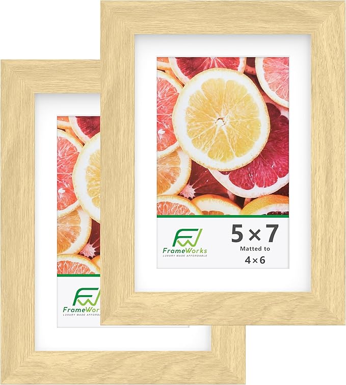 FrameWorks 2-Pack, 5x7 Matted to 4x6 Picture Frame, Natural Oak ??Classic Wooden Photo Frame with Tempered Glass, Modern Matte Finish for Prints, Posters, Certificates & Wall Decor ??Gallery-Ready