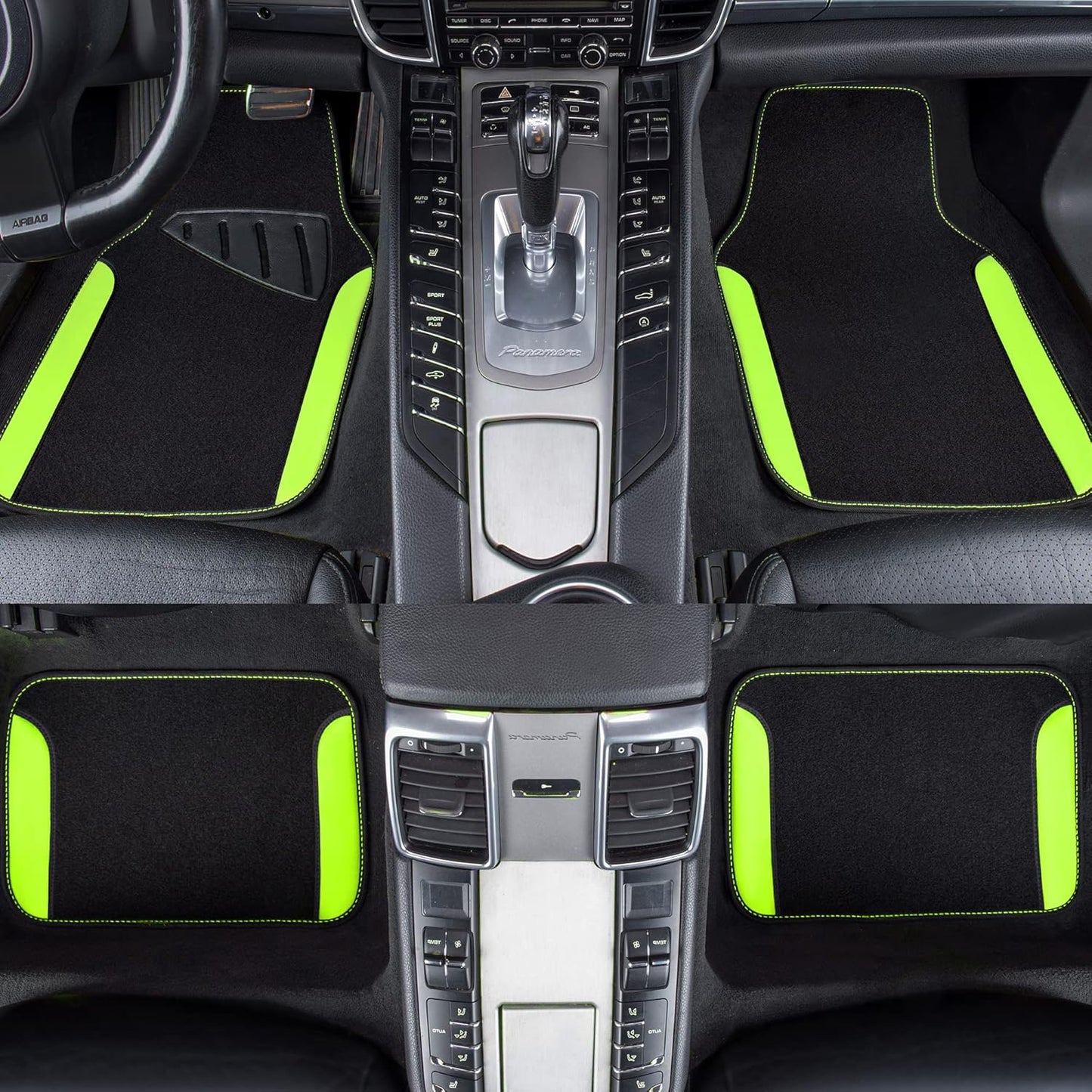 CAR PASS Fluorescent Leather & Waterproof Car Carpet Floor Mats, Universal Car Mats Fit for SUV,Vans,sedans, Trucks,Set of 4pcs Car Carpet with Anti-Slip nibbs Driver Heel Pad (Black Green Lime)