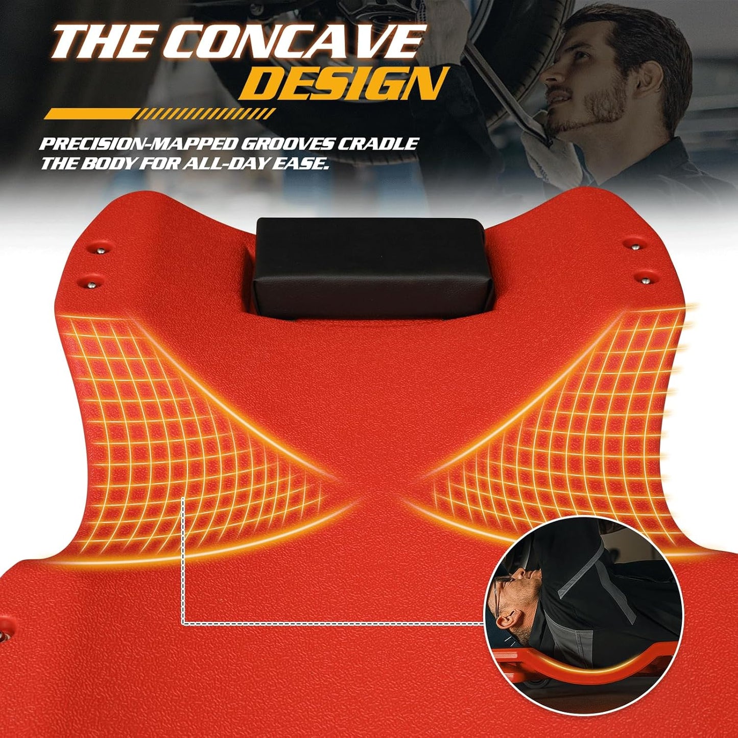 Magshion Rolling Garage Creeper with Padded Headrest, Shop Creeper 46.5" Mechanic Cart with Double Tool Tray and 6 Casters, Lightweight Floor Creeper Automotive Creeper - 440 lbs Capacity (Red)