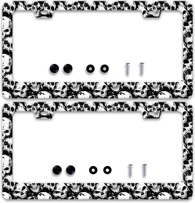 2 Pcs Skull License Plate Frame Skeleton License Plate Holder Personalise Stainless Steel Funny Design Compatible with Standard License Plate Frames for USA and Canada 6 X 12 Inch 2 Holes with Screws