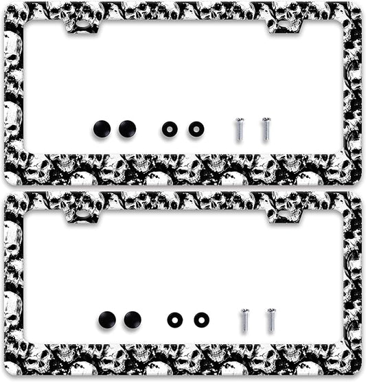 2 Pcs Skull License Plate Frame Skeleton License Plate Holder Personalise Stainless Steel Funny Design Compatible with Standard License Plate Frames for USA and Canada 6 X 12 Inch 2 Holes with Screws