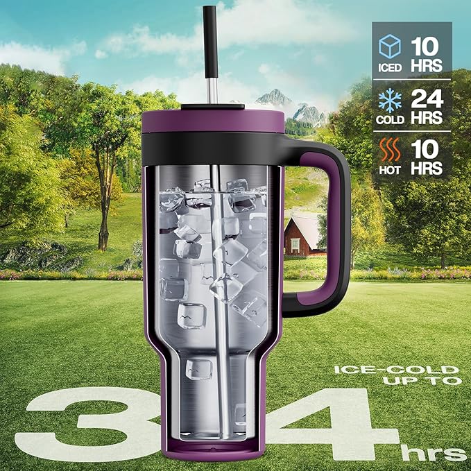 40 oz Tumbler with Handle, 2-in-1 Straw and Sip Lid, Leakproof, Dishwasher Safe, Insulated Stainless Steel Travel Coffee Mug, Keeps Cold for 34 Hours, Fits in Car Cup Holder (Plum)