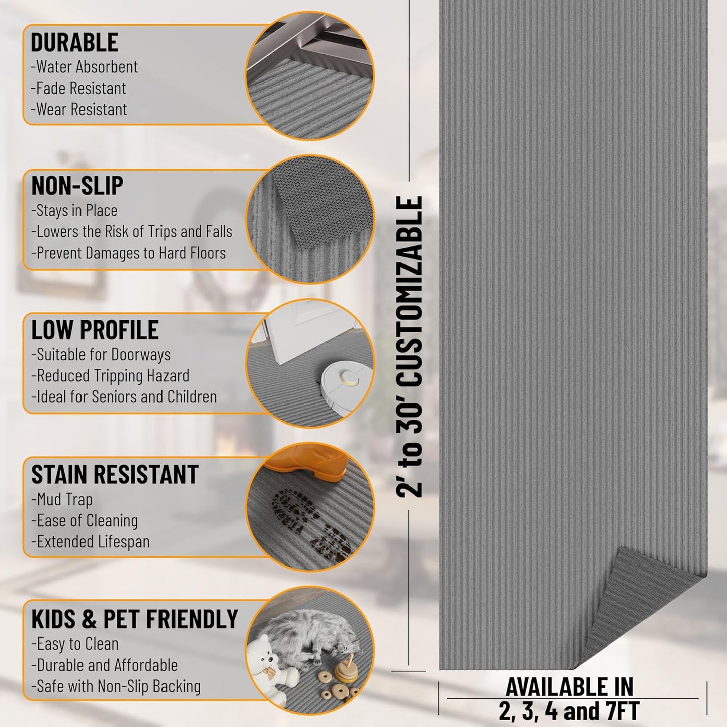 Ottomanson Mud Mat 2'7" x 3' Entryway Rug - Non-Slip Scraper Doormat for Muddy Paws, Dirt Trapping Indoor/Outdoor Mat for High-Traffic Areas, Kitchen, Garage, Patio, Gray