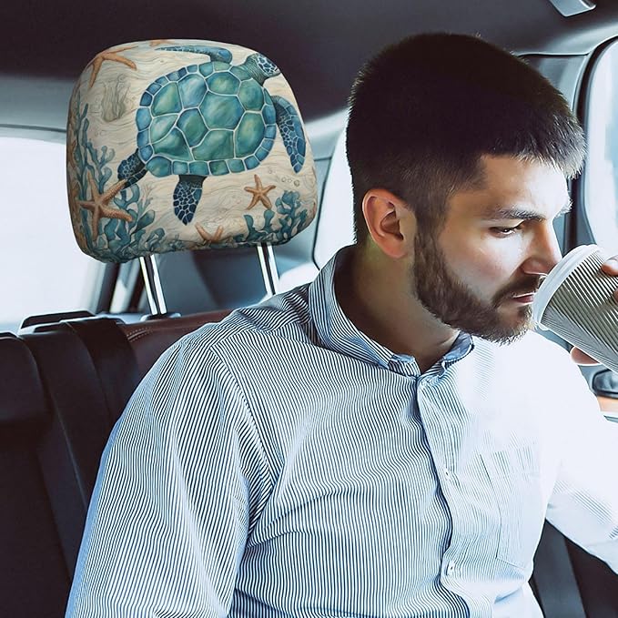 Dujiea 2 Pack Vintage Sea Turtle Starfish Car Headrest Covers, Universal Soft Car Seat Head Rest Cover Protector, Vehicle Accessories Fabric Headrest Cover for Cars Vans Trucks
