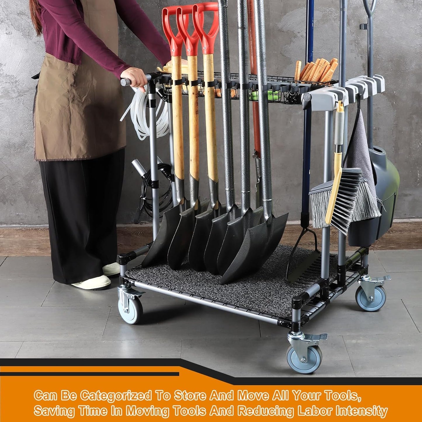 Heavy-Duty Garden Tool Organizer Cart Ideal for Gardening, Upgraded 5-Inch Wheels for Lawn & Sand, Long-Handle Tool Storage