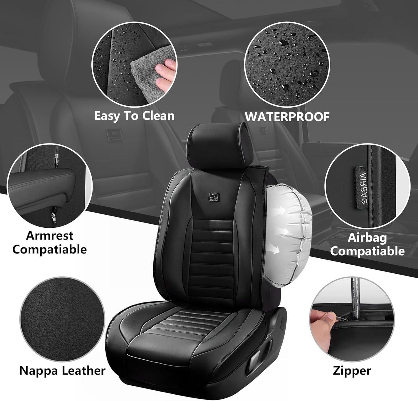 CAR PASS Nappa Leather Car Seat Covers Front Seats, Luxury Seat Protector for Cars, Waterproof Anti-Slip Seat Cushion Armrest Compatible Airbag Universal for Sedan SUV Pick-up Truck Automotive, Black