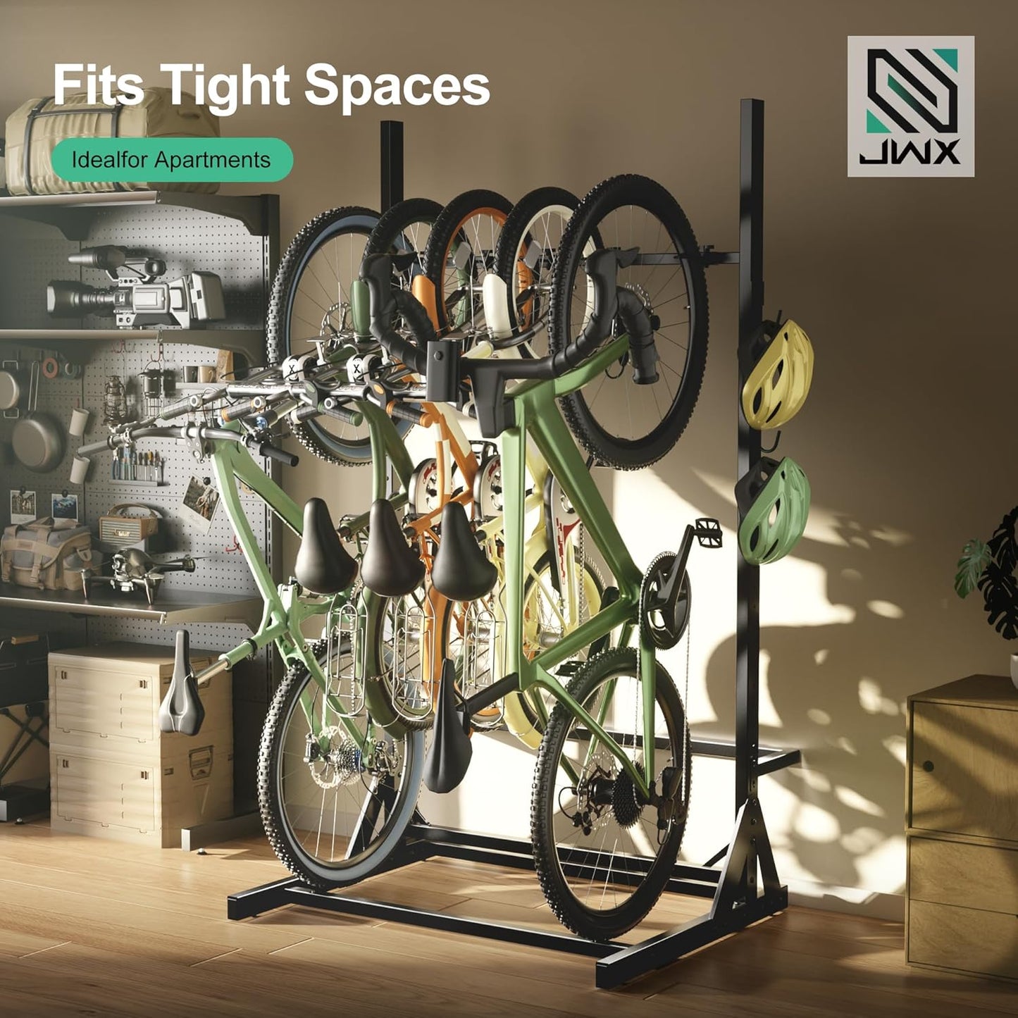 JWX Freestanding 5 Bike Rack, Heavy Duty Floor Bike Stand with Triangle Support Panels, Adjustable Rubber-Coated Hooks, Gear Accessory Holders, Easy Assembly