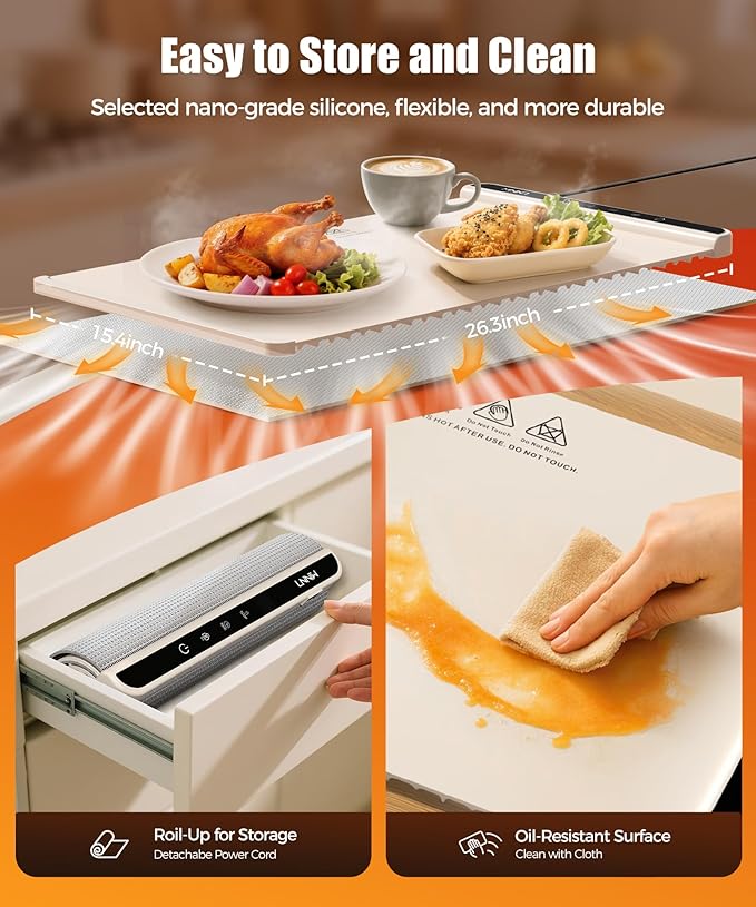 Food Warming Mat with Heat-Resistant Pad, 26X15 Inch, 6 Temperature & 6 Timer Settings, Child Lock Safety, Electric Warming Tray for Gatherings,Parties,Everyday Use