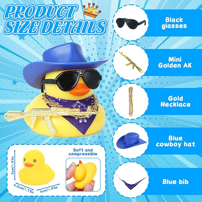 Cowboy Rubber Duck Car Ornaments with Gold Gun, Bandana, Cowboy Hat, Sunglasses, Necklace, Squeaky Car Dashboard Decor for Vehicles, Office, Home, Cool Accessories(Blue Hat)