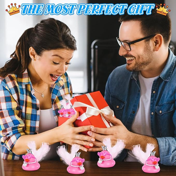 BOZILY Pink Rubber Duck with Crown, Wings, Pearl Necklace & Heart Sunglasses,DIY Cute Car Dashboard Decor Accessories, Gift for Car, Home, Desk (Includes Tapes)