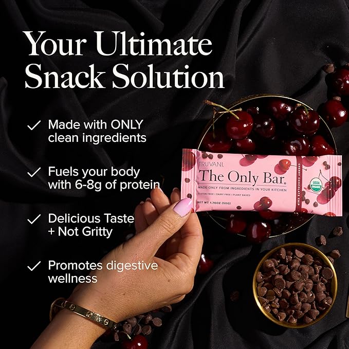 Truvani Plant Based Snack Bars | Cherry Chocolate Chip 1 Pack | 5g Protein | USDA Organic and Vegan | The Only Bar | Dairy, Soy, and Gluten Free | Individually Wrapped