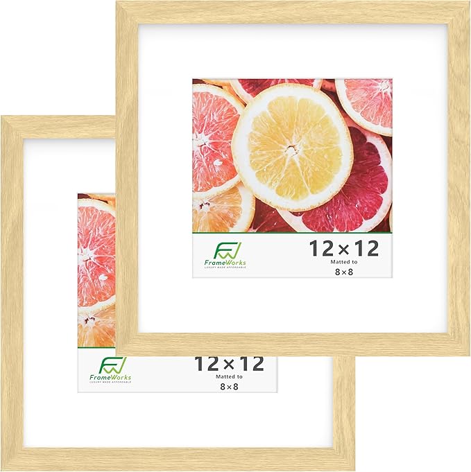 FrameWorks 2-Pack, 12x12 Matted to 8x8 Picture Frame, Natural Oak – Classic Wooden Photo Frame with Tempered Glass, Modern Matte Finish for Prints, Posters, Certificates & Wall Decor – Gallery-Ready