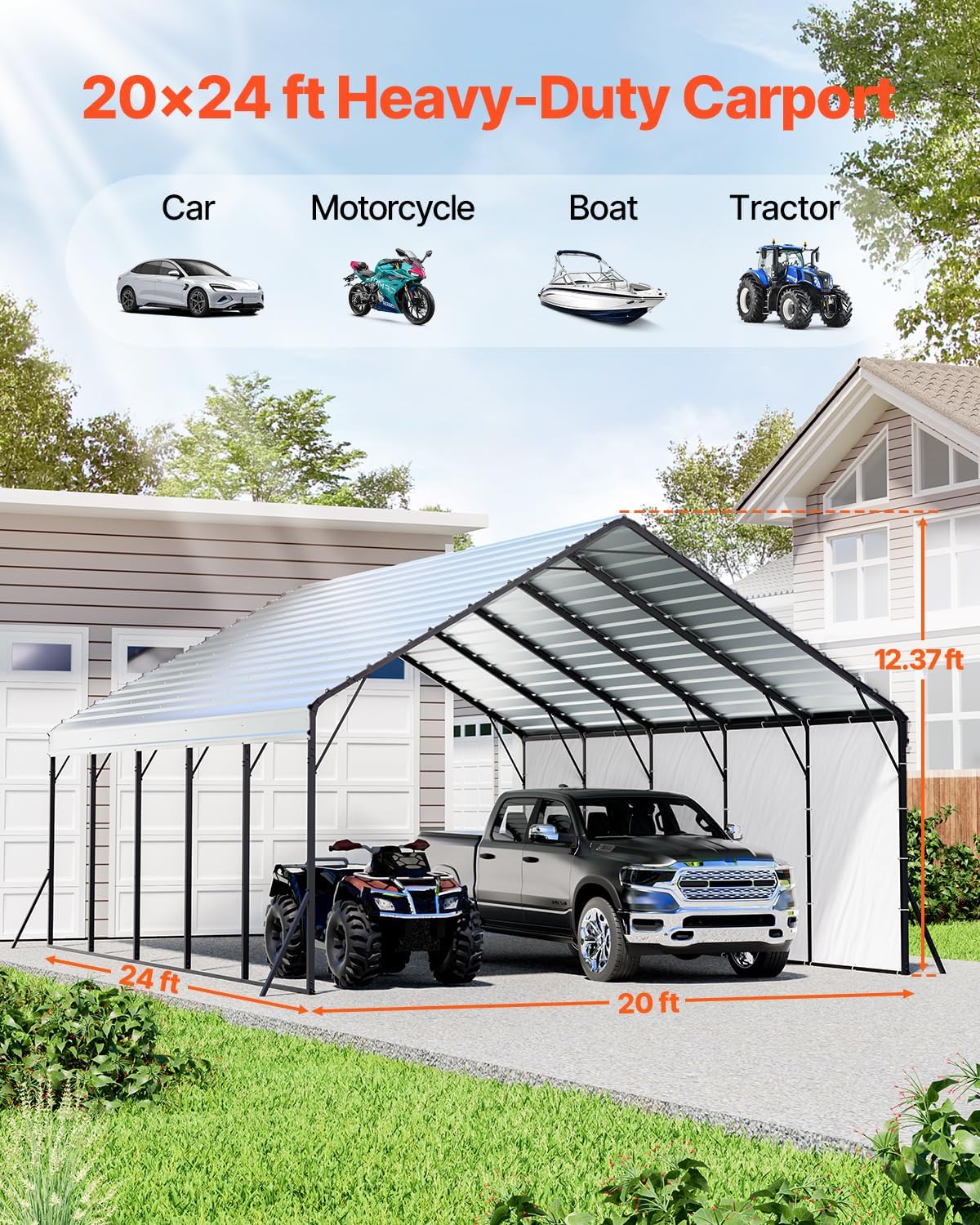 VEVOR 20x24 ft Heavy Duty Metal Carport, Outdoor Car Shelter with Removable PE Sidewalls, Steel Frame Garage for Car, Truck, Boat, Tractor, and Equipment Storage