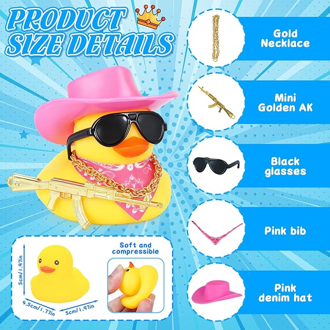 BOZILY Cowboy Rubber Duck Car Decor with Gold AK Gun, Sunglasses & Bandana, Funny Dashboard Accessories for Cars, Office, Home, Small Rubber Ducks for Birthday Gift(Pink Hat)