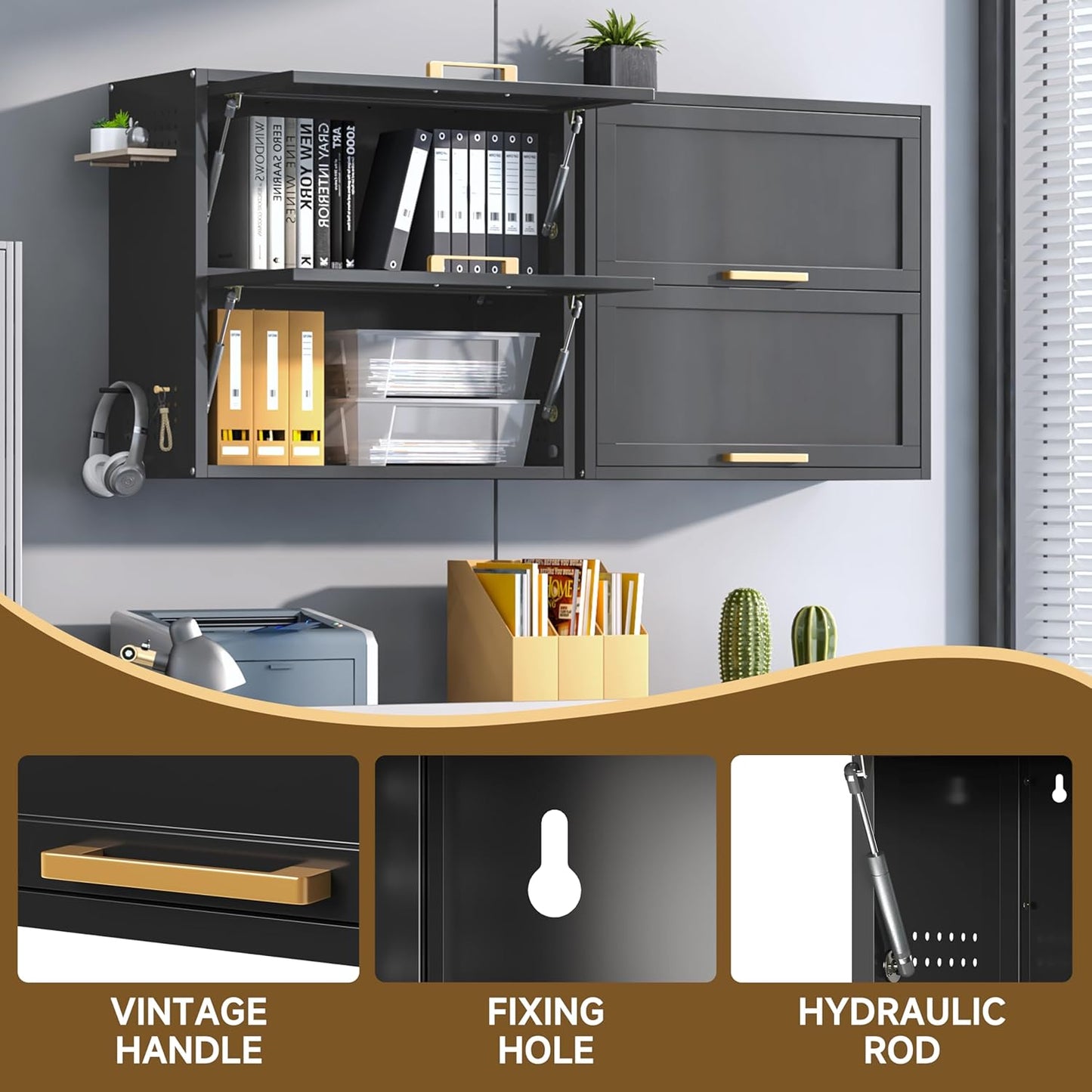 Metal Wall Cabinets with 2 Up-Flip Doors, Floating Steel Wall Mounted for Garage, Basement, Home Office, Kitchen, Warehouse - Black