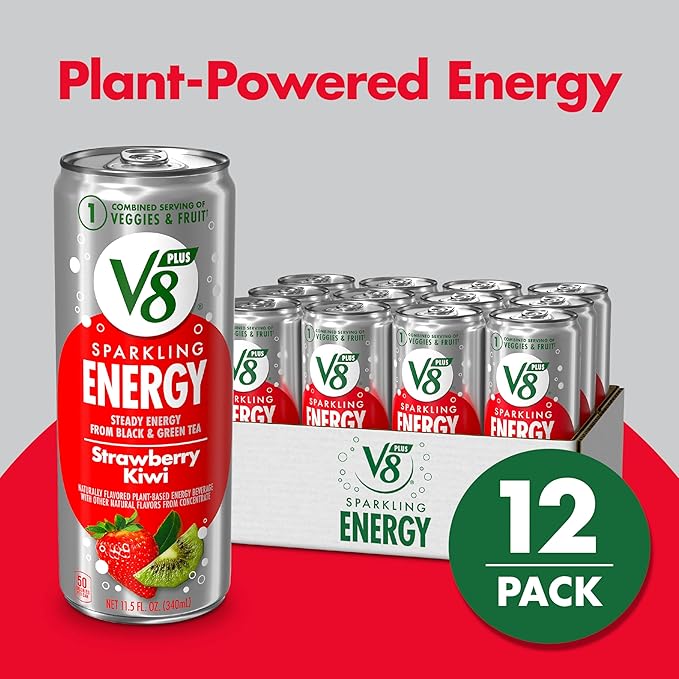 V8 +SPARKLING ENERGY Strawberry Kiwi Energy Drink, Made With Real Vegetable And Fruit Juices, 11.5 FL OZ Can (Pack Of 12)